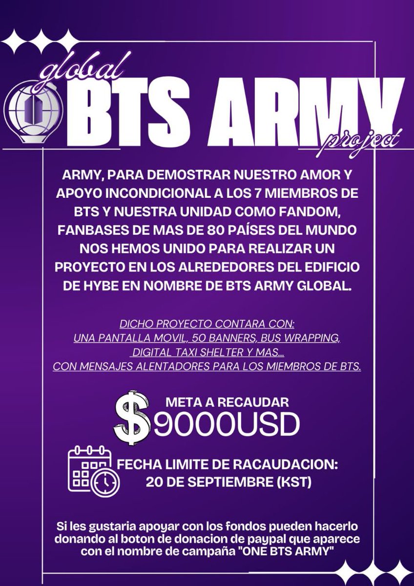 btslatamfbs's tweet photo. BTS ARMY GLOBAL PROJECT 🌐

Fanbases de todo el mundo nos hemos unido para realizar un proyecto en apoyo a los 7 miembros de BTS en los alrededores de HYBE 

Para donar pueden hacerlo en el siguiente link: https://t.co/TxwEugSPiM

Más detalles ↓

🔑 ONE BTS ARMY
BTS IS 7 https://t.co/I4k7HR8GKQ