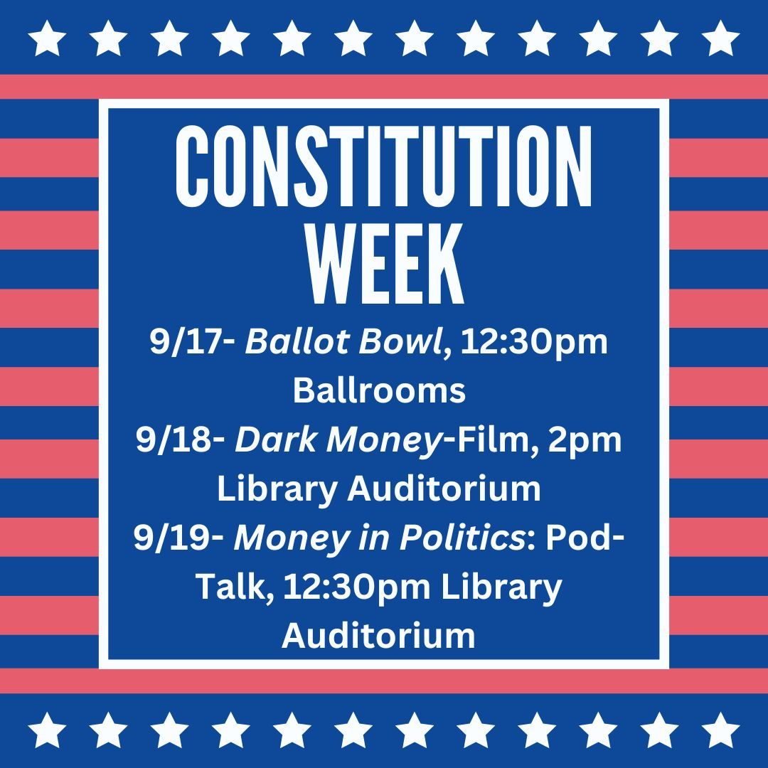 It's Constitution Week! We have 3 great events on campus.
Tue 9/17- NJ Ballot Bowl Kick-off 12:30pm Ballrooms

Wed 9/18- Dark Money: film screening, 2pm Library 

Thur 9/19- Money in Politics: Pod-Talk, 12:30pm Library 

Learn more.
buff.ly/4elJKUd 

#wpunj
#twillyp