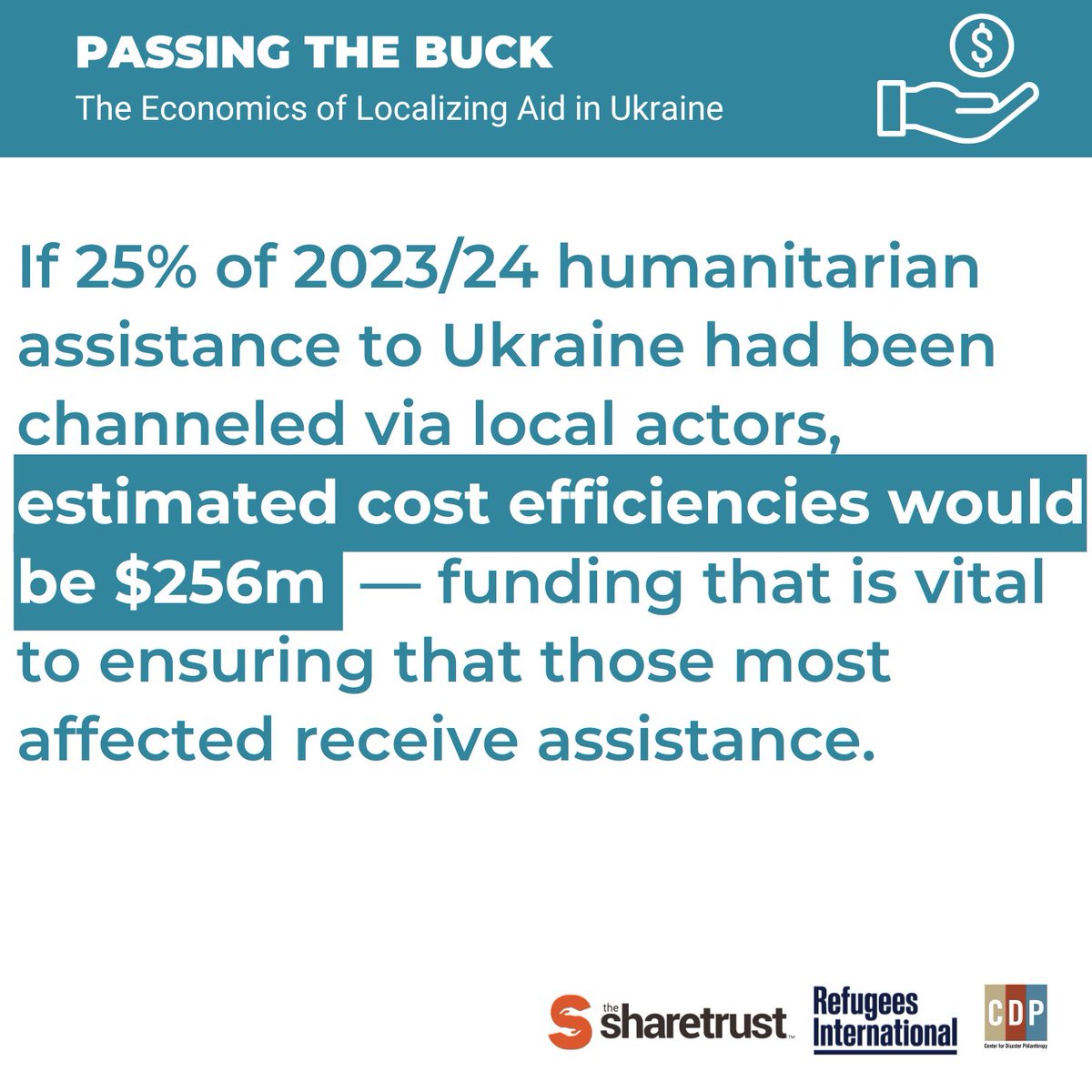 🚨 New report alert! 🚨 <a href="/RefugeesIntl/">Refugees International</a>, <a href="/thesharetrust/">The Share Trust</a>, and <a href="/funds4disaster/">Center for Disaster Philanthropy</a> have found that local intermediaries deliver programs 15.5% more cost-efficiently than international ones. This could significantly impact the humanitarian response in Ukraine: thesharetrust.org/ptb-ukraine
