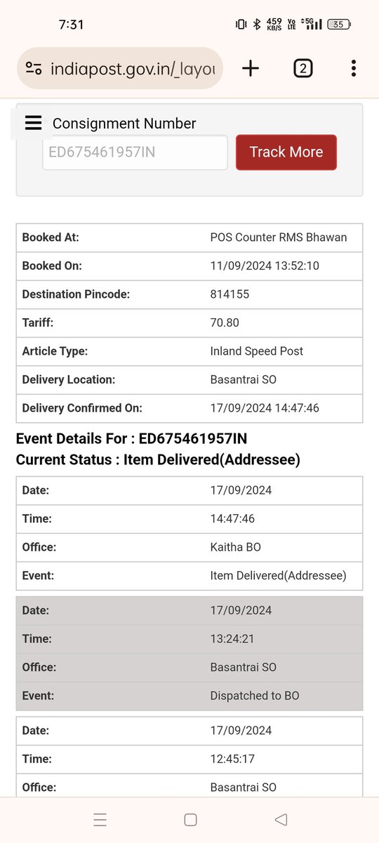 TechCuddly's tweet image. @IndiaPostOffice Consignment ED675461957IN shows delivered at 14:47:46 on 17/09/2024, but we haven’t received any parcel or call. Kindly assist in locating the package. Delivery location: Kaitha B.O. Please look into this urgently. #CustomerService #ParcelIssue