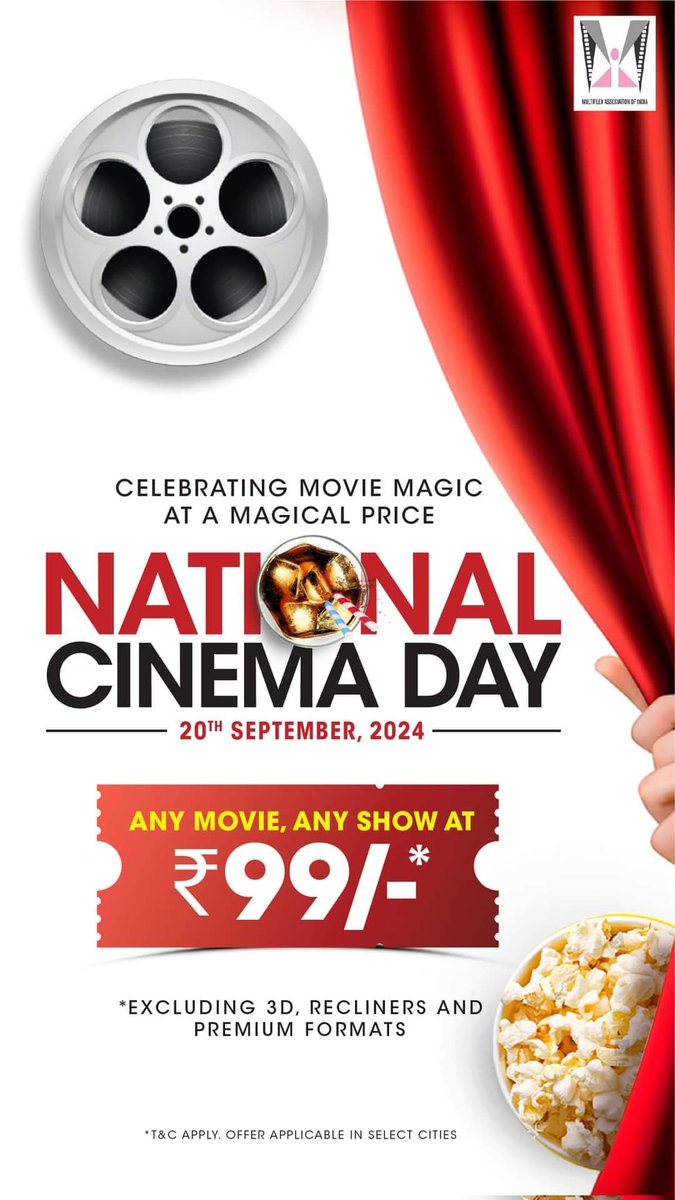 filmichannell's tweet image. NATIONAL CINEMA DAY 2024

⭐️ Day: *Friday* 20 Sept 2024
⭐️ 4000+ screens to participate across #India
⭐️ Tickets priced at ₹ 99/-

#MultiplexAssociationOfIndia #NationalCinemaDay #MAI
