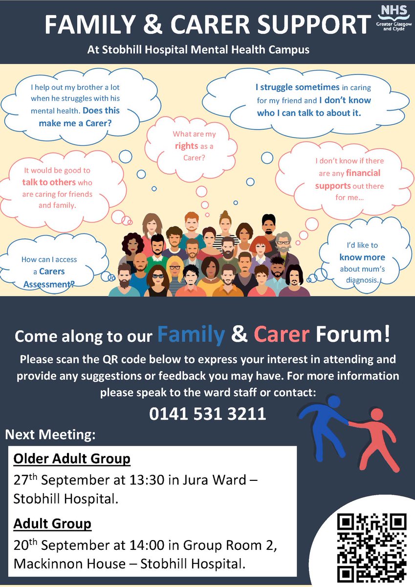 GCHSCP's tweet photo. Our next Family &amp; Carer Support Groups at Stobhill Hospital Mental Health Campus are:
Older Adult Group - Fri 27 September at 1.30pm in Jura Ward.
Adult Group - Fri 20 September at 2.00pm in Group Room 2, Mackinnon House.
More info from ward staff or phone 0141 201 3292. @NHSGGC https://t.co/iX3DCbu1Oz