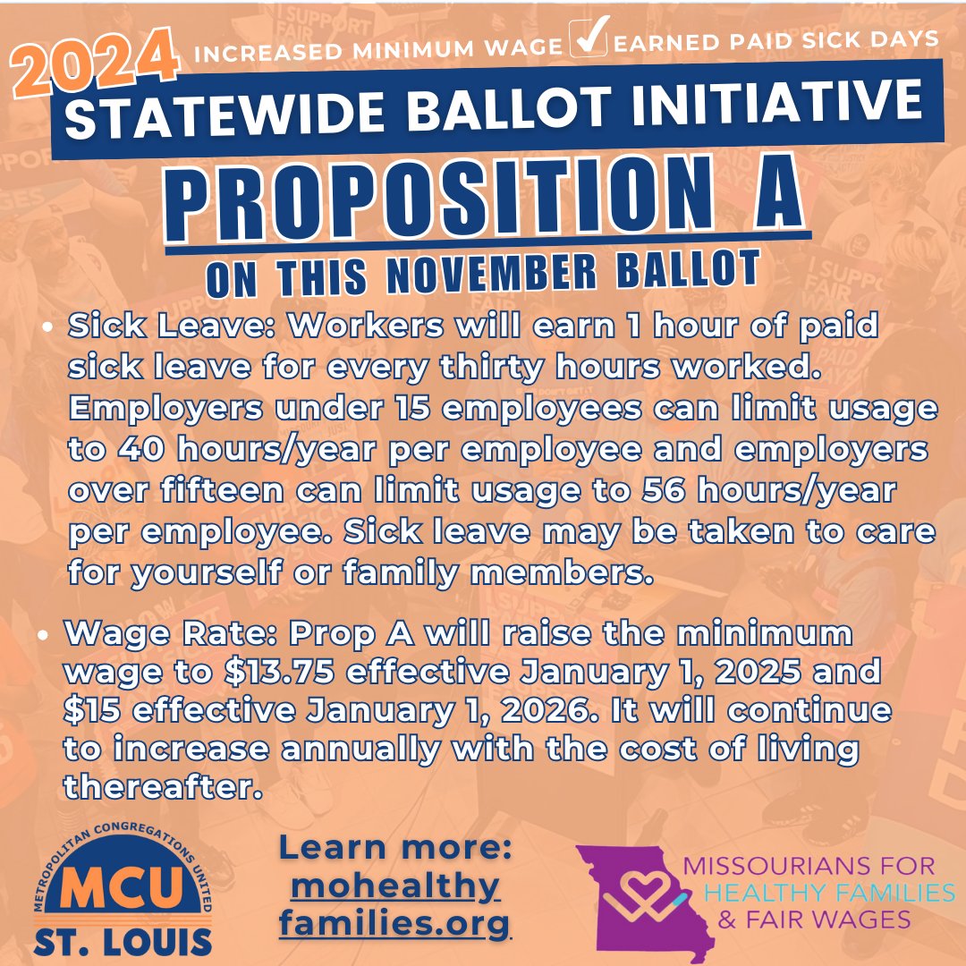 🚨YES ON PROP A🚨 This November, vote YES on Prop A to guarantee #PaidSickDays and a #FairWage for hardworking families. SIGN your support at tinyurl.com/MCUpropA⁠ @mohealthyfamilies
#minimumwage #vote #paidsickleave #MCU #STL #StLouis #Missouri #FaithBasedOrganizing