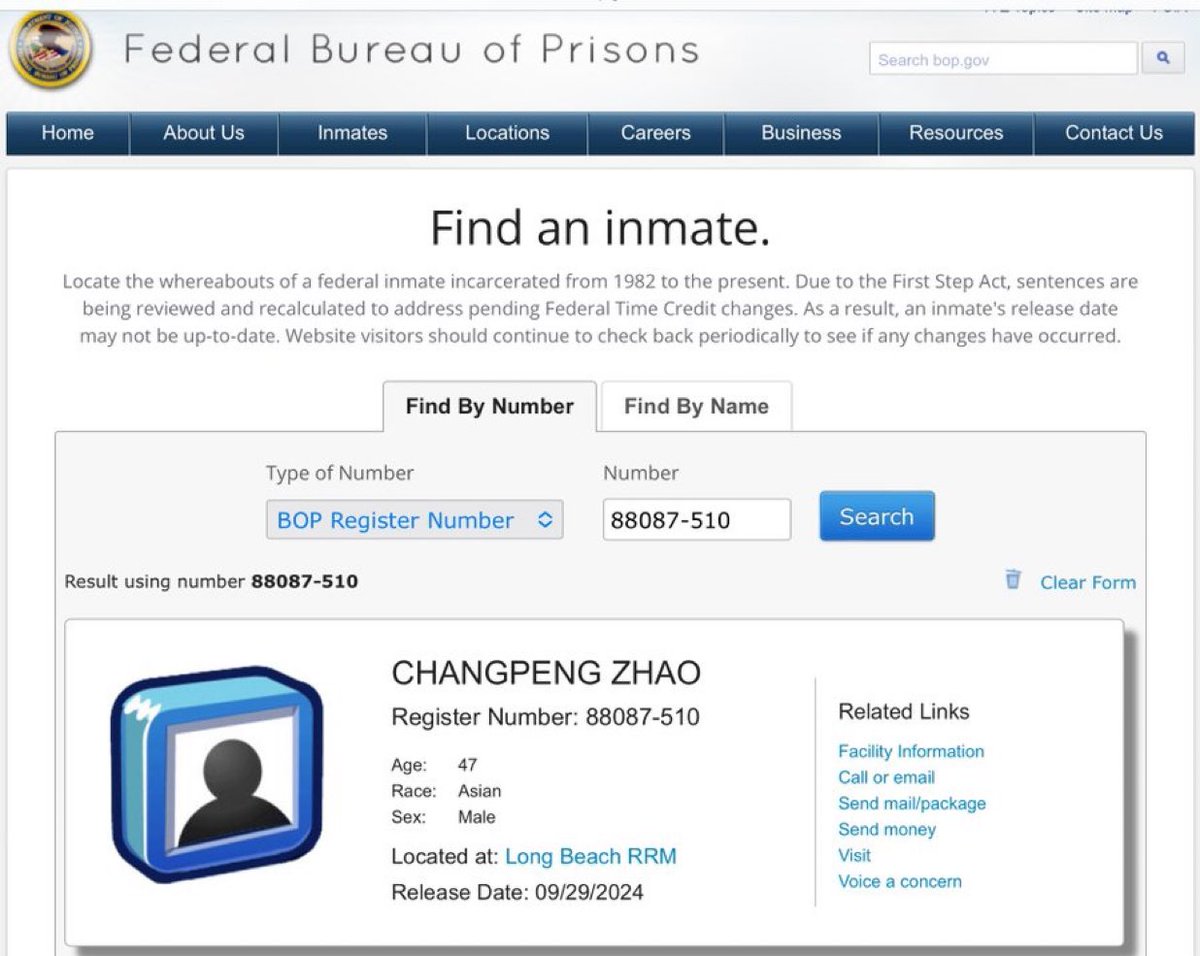 赵长鹏CZ将于下周刑满释放

据美国联邦监狱局官网显示，47 岁的亚裔男子“CHANGPENG ZHAO”将于 2024 年 9 月 29 日被释放，注册编号：88087-510。