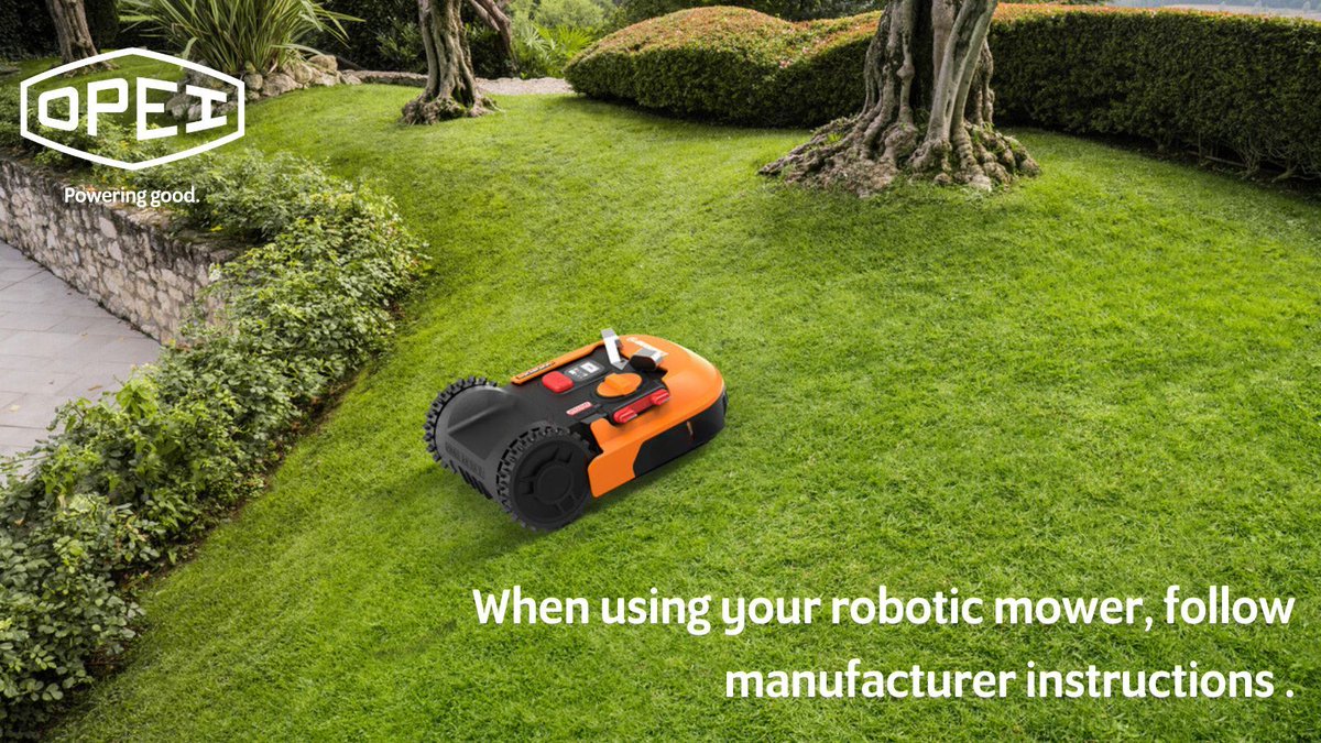 OPEInstitute's tweet image. When using your robotic mower, follow manufacturer instructions. #roboticmower #robotmower #lawncare