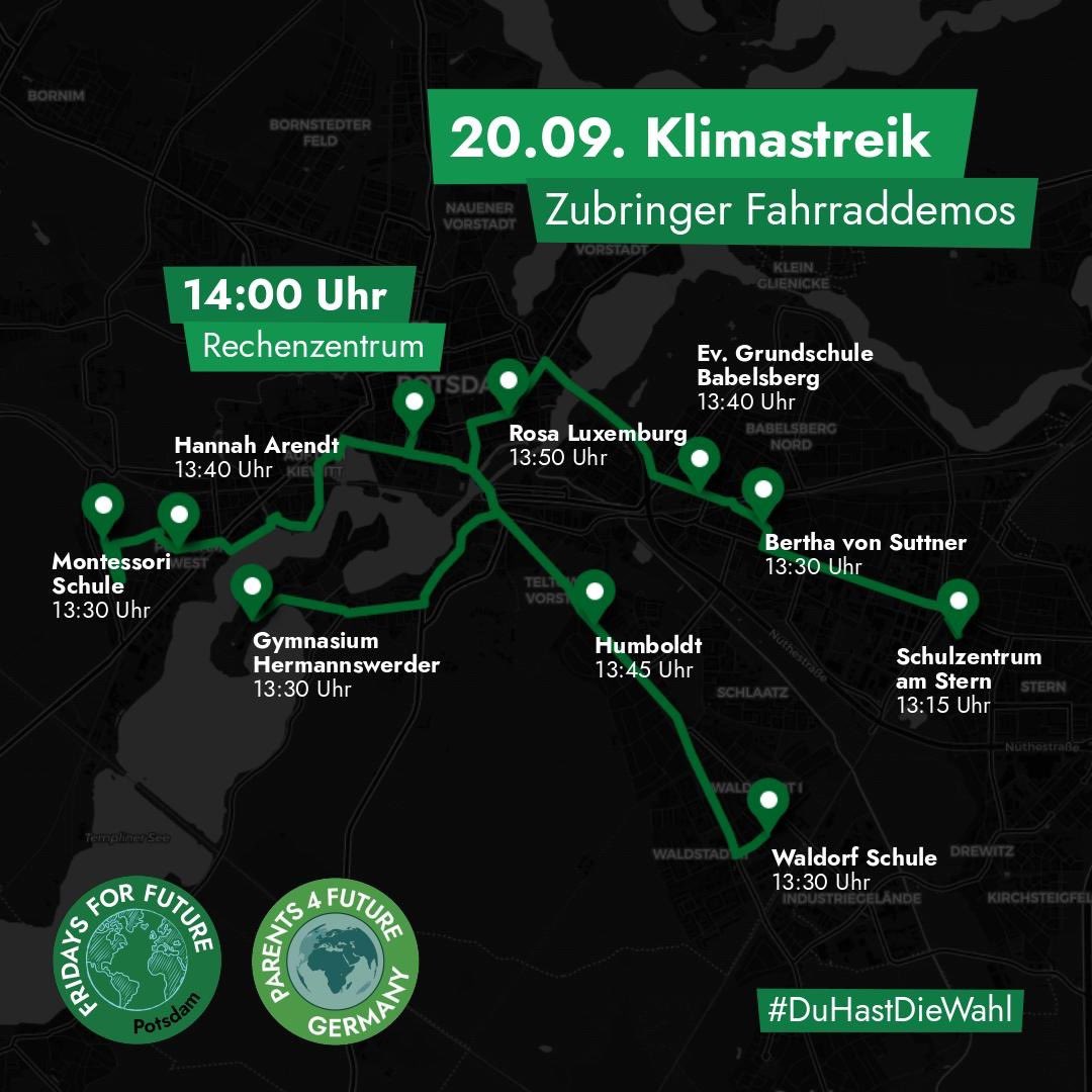 Mit dem Fahrrad zum Klimastreik am 20.09! 🚲 Es gibt wieder mehrere Fahrradzubringer zum Klimastreik, schnappt euch euer Rad und kommt zur Demo!🔥 
Start der Laufdemo ist 14 Uhr beim Rechenzentrum.💚