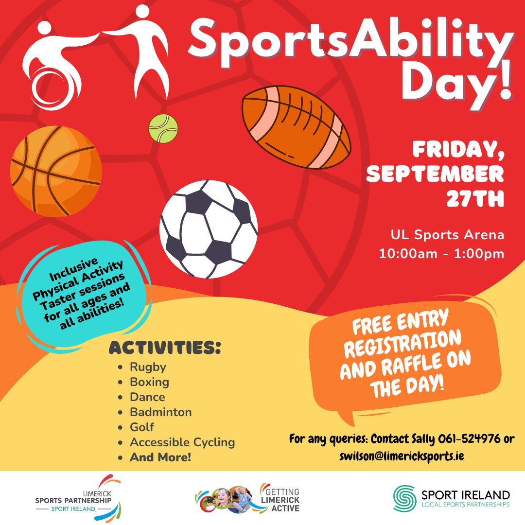 Limerick Sports (@limericksports) on Twitter photo Get ready for our Inclusive SportsAbility Day! 🏀🎾
🤝 Local groups, & NGB’s will be there to guide you through taster activities & provide valuable info!
🗓️ Fri Sept 27th
⏰ 10am - 1pm
📍 UL Sports Arena
💸 FREE!
<a href="/sportireland/">Sport Ireland</a> <a href="/Limerick_ie/">Limerick.ie</a> <a href="/ULimsport/">UL Sport</a> <a href="/AD_Ireland/">Active Disability Ireland</a> Get ready for our Inclusive SportsAbility Day! 🏀🎾
🤝 Local groups, & NGB’s will be there to guide you through taster activities & provide valuable info!
🗓️ Fri Sept 27th
⏰ 10am - 1pm
📍 UL Sports Arena
💸 FREE!
<a href="/sportireland/">Sport Ireland</a> <a href="/Limerick_ie/">Limerick.ie</a> <a href="/ULimsport/">UL Sport</a> <a href="/AD_Ireland/">Active Disability Ireland</a>