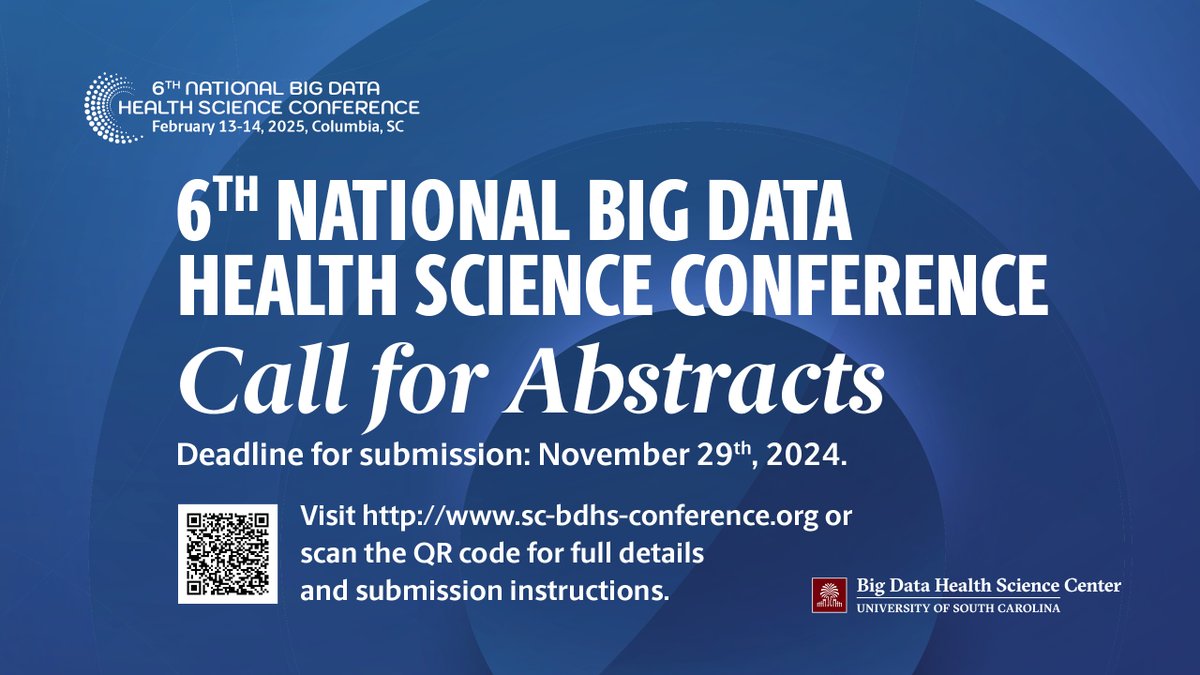 Call for Abstracts 📢:
<a href="/UofSCbdhsc/">USC Big Data Health Science Center</a> invites you to submit abstracts by Nov 29, 2024, for the 6th National Big Data Health Science Conference to be held Feb 13–14, 2025, in Columbia, SC. Visit sc-bdhs-conference.org or scan the QR code for details.📷 #BigData #Health #DataScience