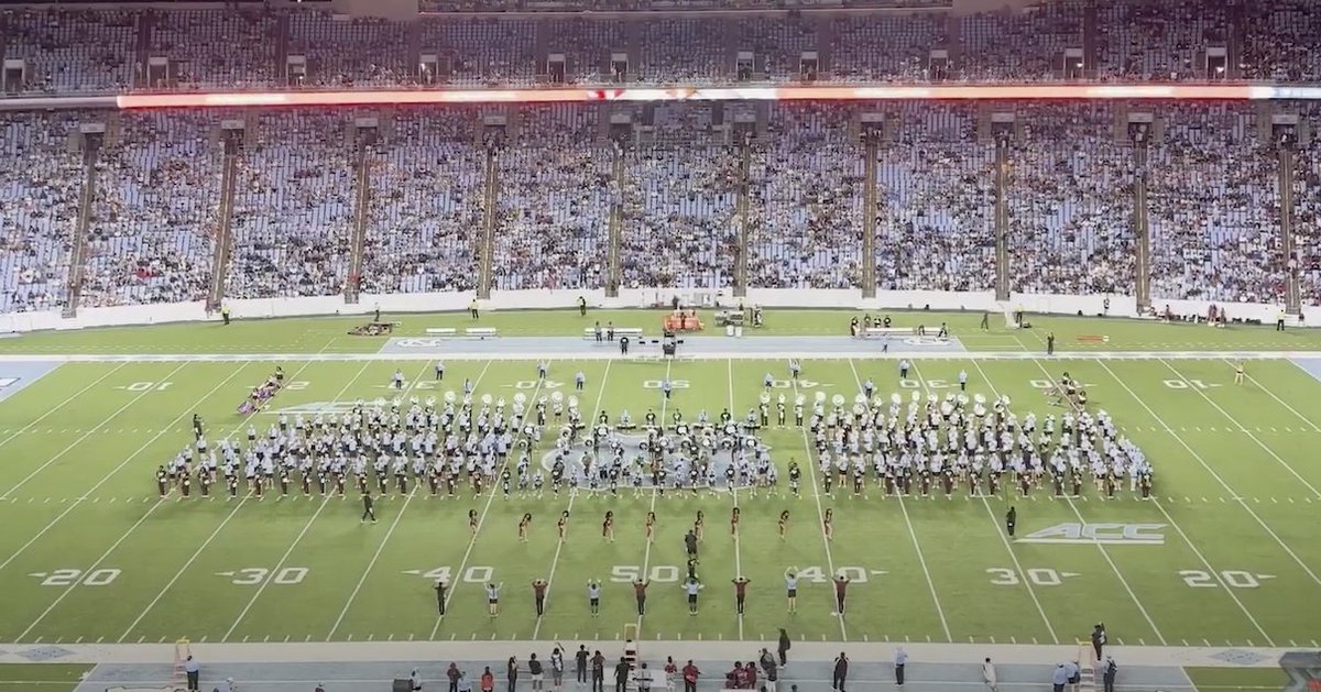 NCCU's tweet photo. #TheArtsAtNCCU | The NCCU vs. UNC-Chapel Hill game featured the epic Love &amp; Unity halftime show! The Sound Machine Marching Band and the Marching Tar Heels joined forces for an unforgettable performance. | #NCCUSoundMachine #MarchingTarHeels | WATCH: https://t.co/yGt1reKoFf https://t.co/KmDvoczLCl