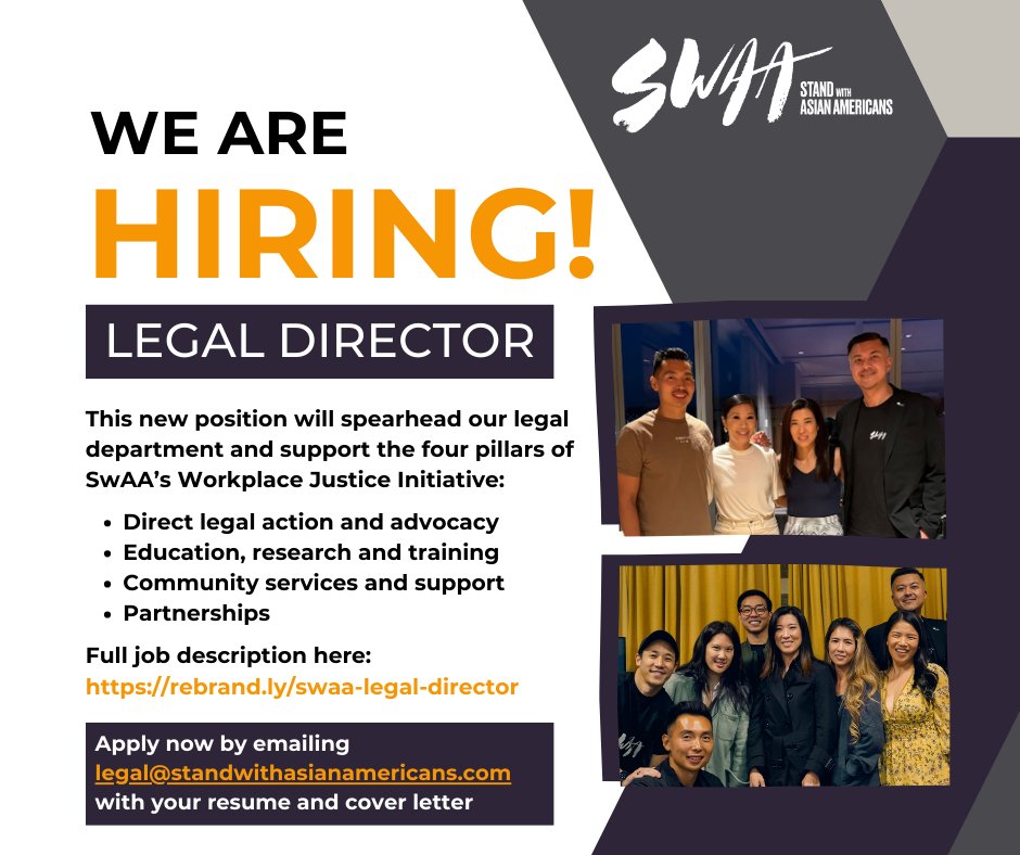 Stand with Asian Americans is hiring! We're looking for a full-time Legal Director to drive the mission, objectives and impact of SwAA’s Workplace Justice Initiative (WJI).

More info here: linkedin.com/jobs/view/4025…

#Jobs #WorkplaceDiscrimination #StandwithAsianAmericans