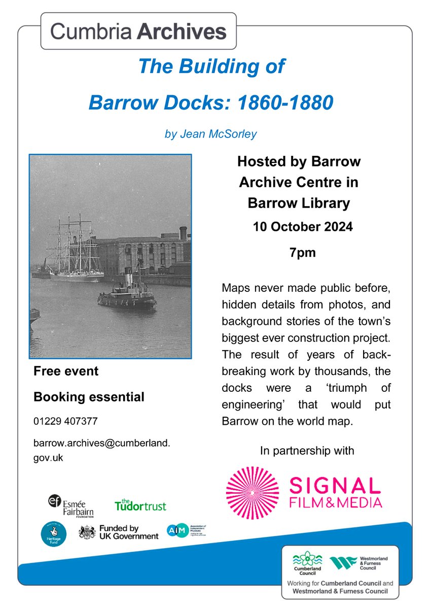 Signal Film & Media (@signalfilmmedia) on Twitter photo ✨Our brilliant volunteer Jean is doing a talk at Barrow Library on Thursday 10th October 👉 Learn about Barrow Docks, enjoy maps never seen before and celebrate Barrow's triumph! ✨
Email barrow.archives@cumberland.gov.uk or call 01229 407377 to book your free place! ✨Our brilliant volunteer Jean is doing a talk at Barrow Library on Thursday 10th October 👉 Learn about Barrow Docks, enjoy maps never seen before and celebrate Barrow's triumph! ✨
Email barrow.archives@cumberland.gov.uk or call 01229 407377 to book your free place!