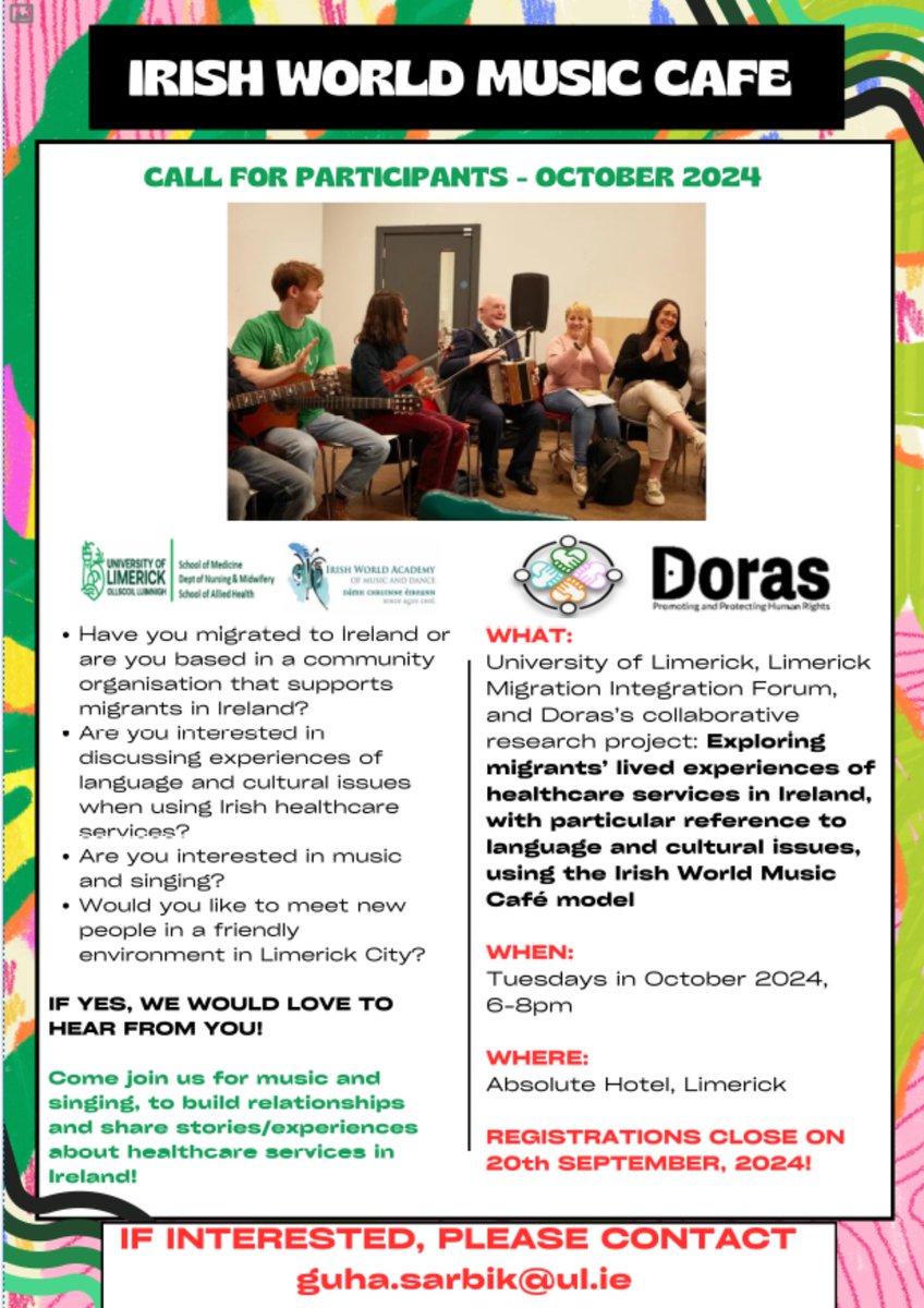 Doras (@dorasirl) on Twitter photo 📢Final days to register for the Irish World Music Café workshops happening this October.
If you have a migrant background, are interested in music and singing and would like to meet new people in Limerick City, don't miss this opportunity!
👉Email guha.sarbik@ul.ie to register. 📢Final days to register for the Irish World Music Café workshops happening this October.
If you have a migrant background, are interested in music and singing and would like to meet new people in Limerick City, don't miss this opportunity!
👉Email guha.sarbik@ul.ie to register.