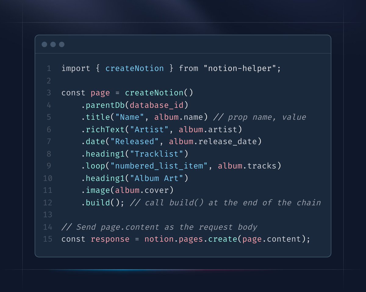 TomFrankly's tweet image. Hey friends! I just released my first npm package.
It's a little library for writing @NotionHQ API requests with a lot less code.
Instead of building tons of nested objects and arrays, you can just chain methods to create blocks, properties, etc.
notion-helper.framer.website
