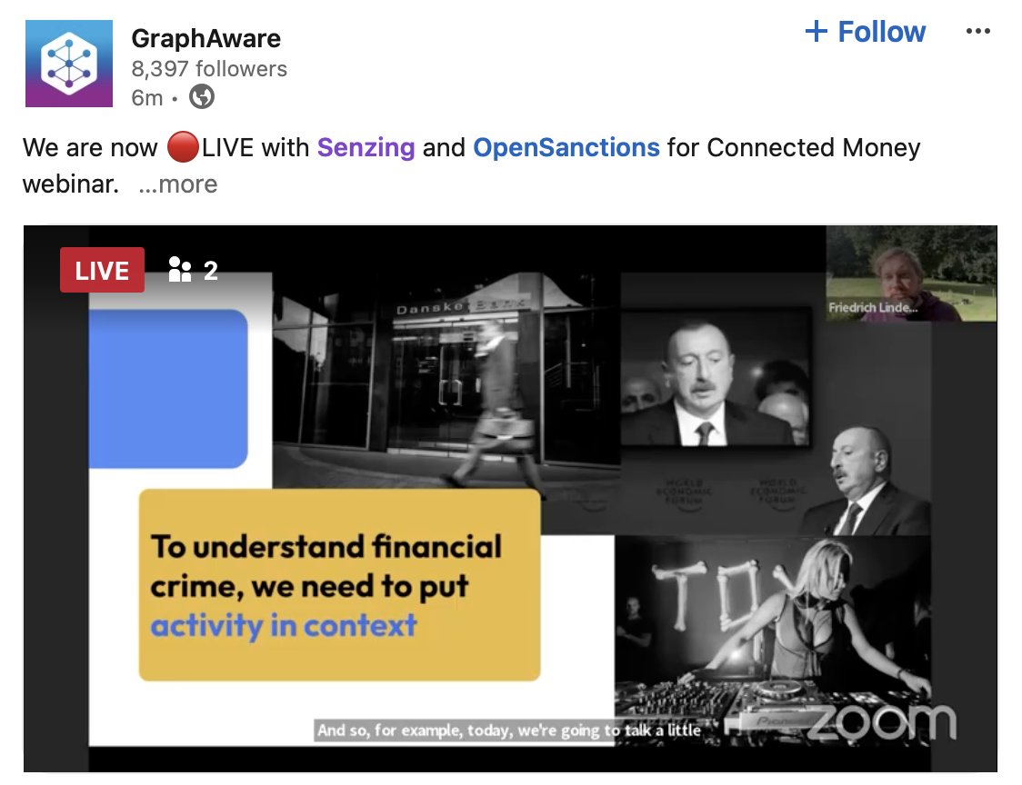 🔴We are NOW LIVE on LinkedIn with <a href="/ikwattro/">Christophe Willemsen</a>, <a href="/senzing/">Senzing, Inc.</a> and <a href="/open_sanctions/">OpenSanctions</a>.

Join us now and learn how to trace hidden financial transactions and preventing #fincrime using connected analytical platform: linkedin.com/posts/graphawa…