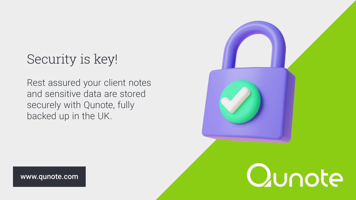 🔒Security is key! Rest assured your client notes and sensitive data are stored securely with Qunote, fully backed up in the UK. 💼 #DataSecurity #ClientCare