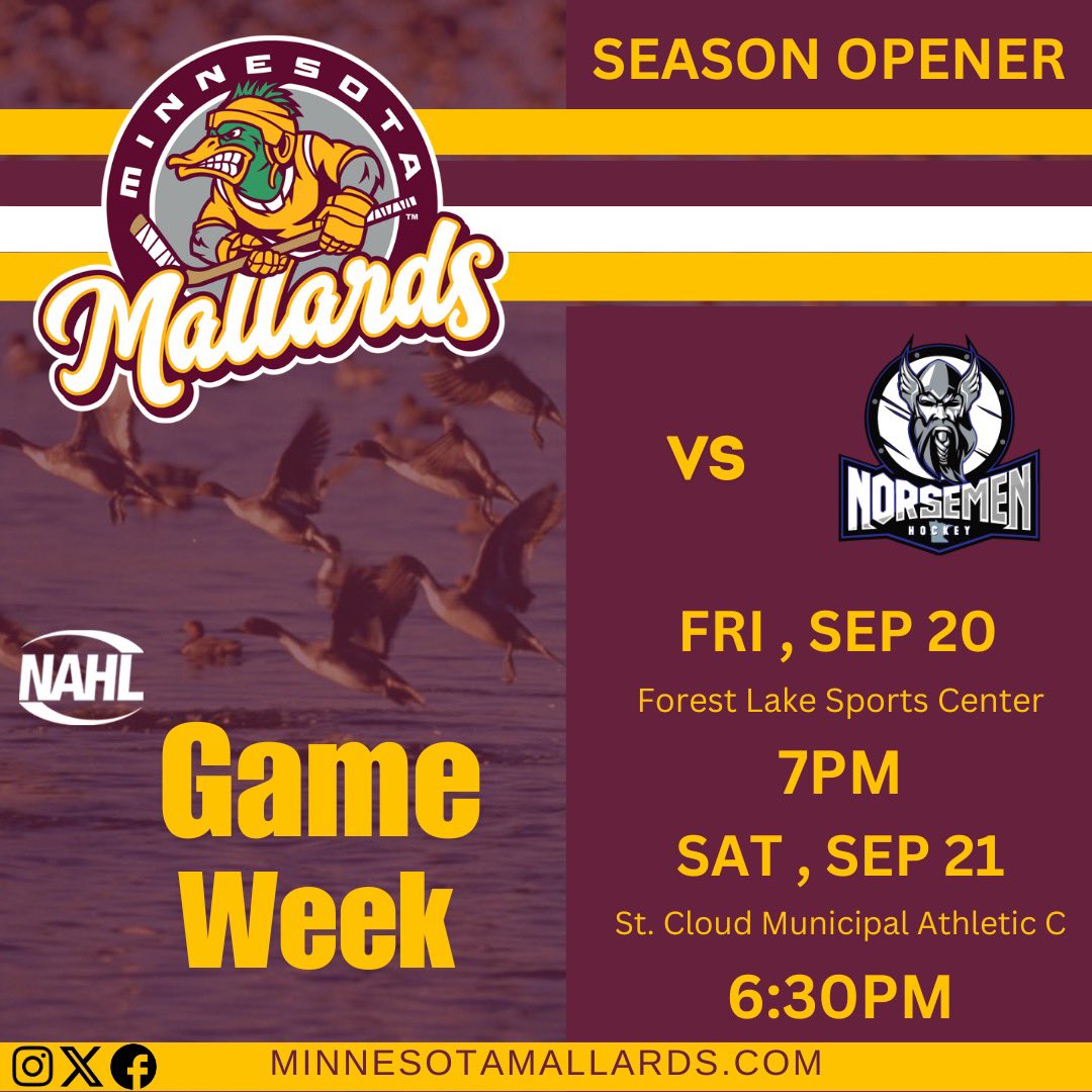 🚨 The wait is over, Mallards fans! 🚨

The exhibition games are in the books, and now it's time to kick off the regular season! Come protect the nest and cheer us on to victory! #FlyMallardsFly #FearTheFlock  #NAHL #JuniorHockey