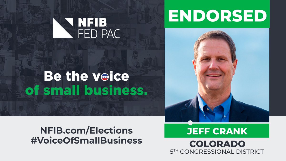 NFIB (@nfib) on Twitter photo NFIB's FedPAC proudly endorses <a href="/jeffcrank/">Jeff Crank</a> for election to the U.S. House of Representatives.
“We are confident Jeff Crank will be a pro-small business Member of Congress,” said Tony Gagliardi, <a href="/nfib_co/">NFIB Colorado</a> State Director.
#VoiceOfSmallBusiness
Learn more: ow.ly/C99S50Tp9xP NFIB's FedPAC proudly endorses <a href="/jeffcrank/">Jeff Crank</a> for election to the U.S. House of Representatives.
“We are confident Jeff Crank will be a pro-small business Member of Congress,” said Tony Gagliardi, <a href="/nfib_co/">NFIB Colorado</a> State Director.
#VoiceOfSmallBusiness
Learn more: ow.ly/C99S50Tp9xP