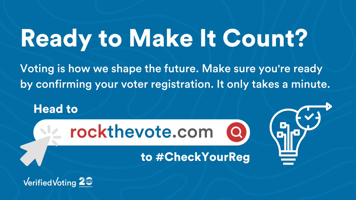 We're proud to celebrate #NationalVoterRegistrationDay! Every election matters, and so does every vote. Make sure you’re able to participate by confirming your voter registration.

Visit RockTheVote.org to #CheckYourReg today! 🗳️🇺🇸