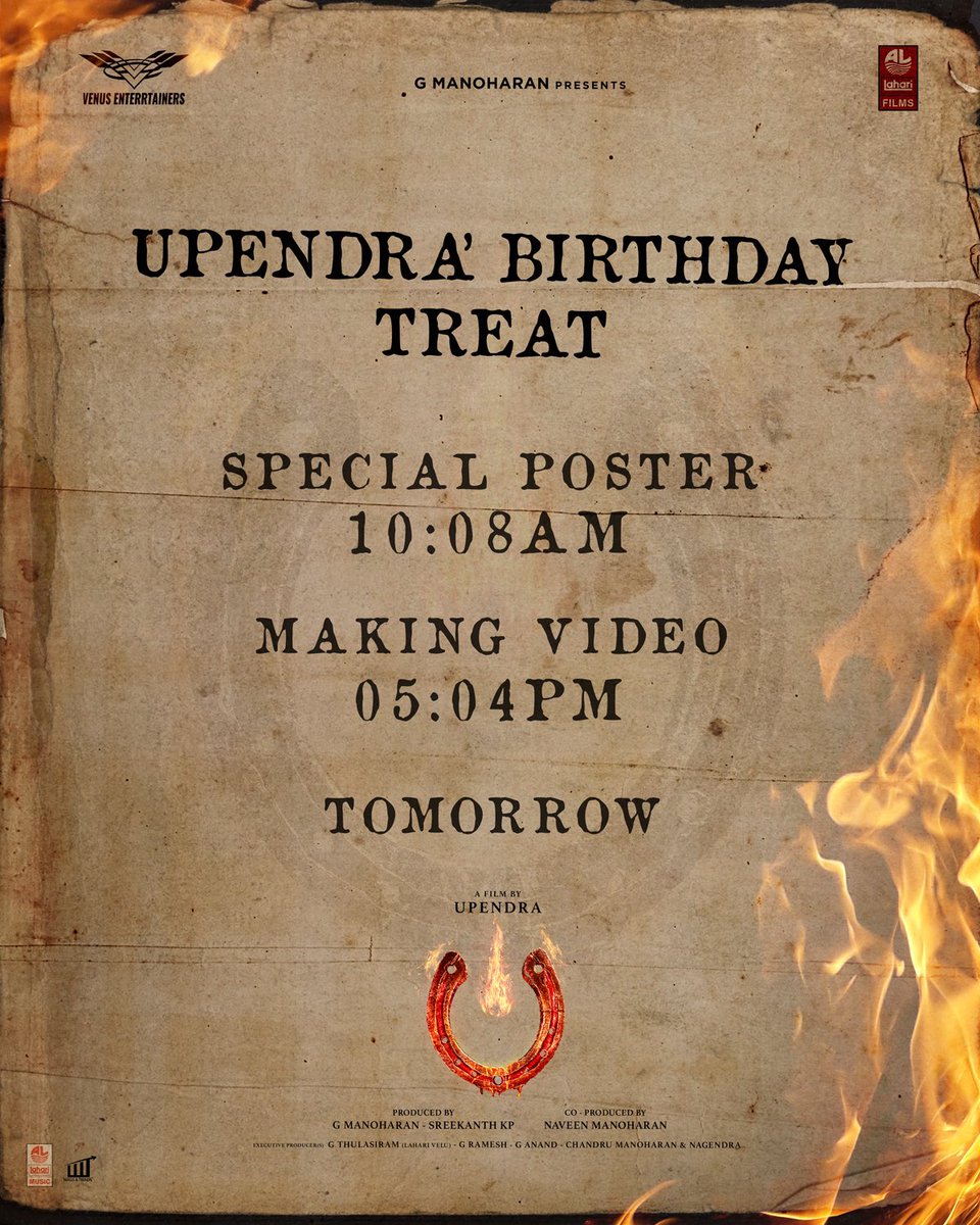 Sandalwood Films Update (@flimsupdates) on Twitter photo A MASSive treat awaits from our <a href="/nimmaupendra/">Upendra</a> 😍
Let’s celebrate his birthday with a bang with
a POSTER at 10:08 AM & a Making Video at 5:04 PM! ❤️🔥
#UiTheMovie
#UppiDirects #Upendra #GManoharan @Laharifilm <a href="/enterrtainers/">Venus Enterrtainers</a> <a href="/kp_sreekanth/">Sreekanth KP</a> #NaveenManoharan
#UiTheMovie A MASSive treat awaits from our <a href="/nimmaupendra/">Upendra</a> 😍
Let’s celebrate his birthday with a bang with
a POSTER at 10:08 AM & a Making Video at 5:04 PM! ❤️🔥
#UiTheMovie
#UppiDirects #Upendra #GManoharan @Laharifilm <a href="/enterrtainers/">Venus Enterrtainers</a> <a href="/kp_sreekanth/">Sreekanth KP</a> #NaveenManoharan
#UiTheMovie