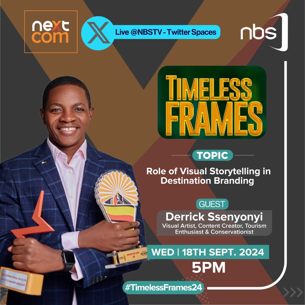 nbstv's tweet image. Don’t miss tomorrow’s Twitter Space Live on @nbstv at 5 PM, on the Role of Visual Storytelling in Destination Branding with our special guests, @Ssenyonyiderick, @TimeslesFrames24, @natkundasandra, @Charliebeau

Date: Wednesday, 18th September 2024

#TimelessFrames #NBSUpdates