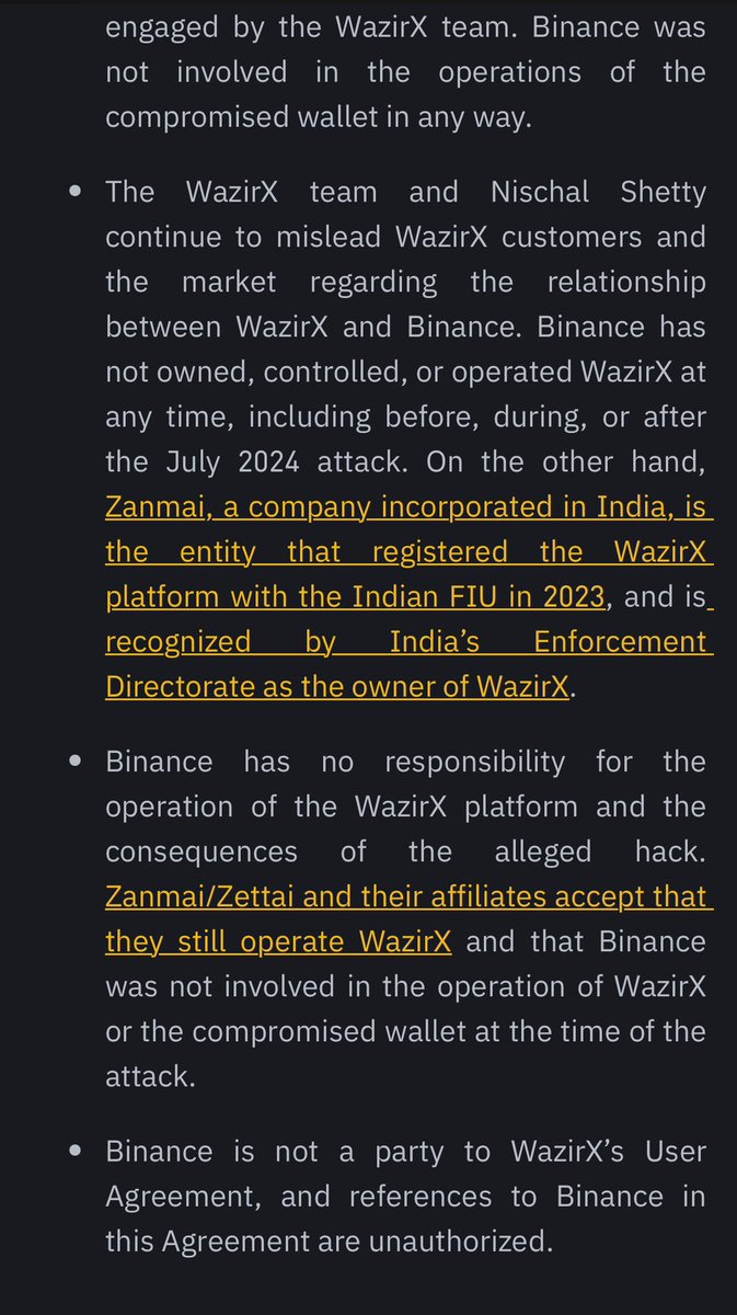 Binance has clearly stated that they are not the owners of Wazirx and <a href="/NischalShetty/">Nischal (Shardeum) 🔼</a> is misleading us! 
We do not support this forced resolution to the hack (if it was a hack, which I highly doubt!). Give us our money back and restructure on your own time! <a href="/WazirXIndia/">WazirX: India Ka Bitcoin Exchange</a>