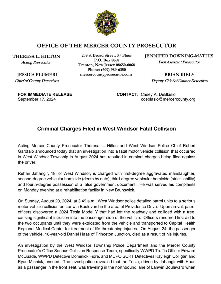 MercerCoPros's tweet image. Criminal Charges Filed in West Windsor Fatal Collision