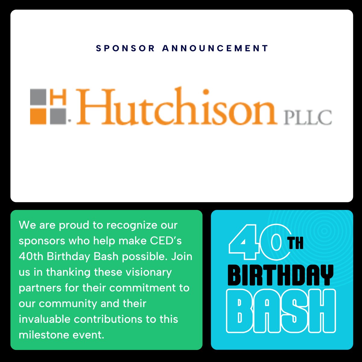 CED’s 40th Birthday Bash couldn't happen without the support of our amazing sponsors! 🎉

Join us in recognizing Hutchison PLLC for supporting innovation and growth in our community!

Get your tickets today! 👉 cednc.org/40th/

#CEDTurns40 #Hutchison #ThankYou