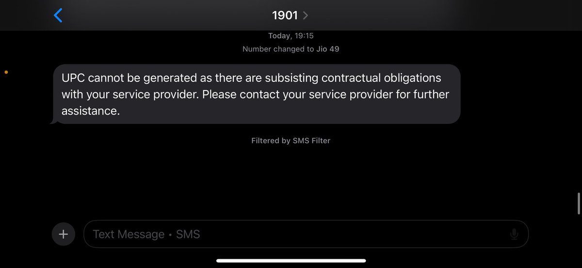 dineshchoklingm's tweet photo. Dear @JioCare @reliancejio I am trying to port my current Jio connection to another one. When I sent the message to get the porting code I am getting an error which is not very specify. When I tried to reach out to the CC to know why after a long wait call got disconnected. https://t.co/QD3tDRnx3E