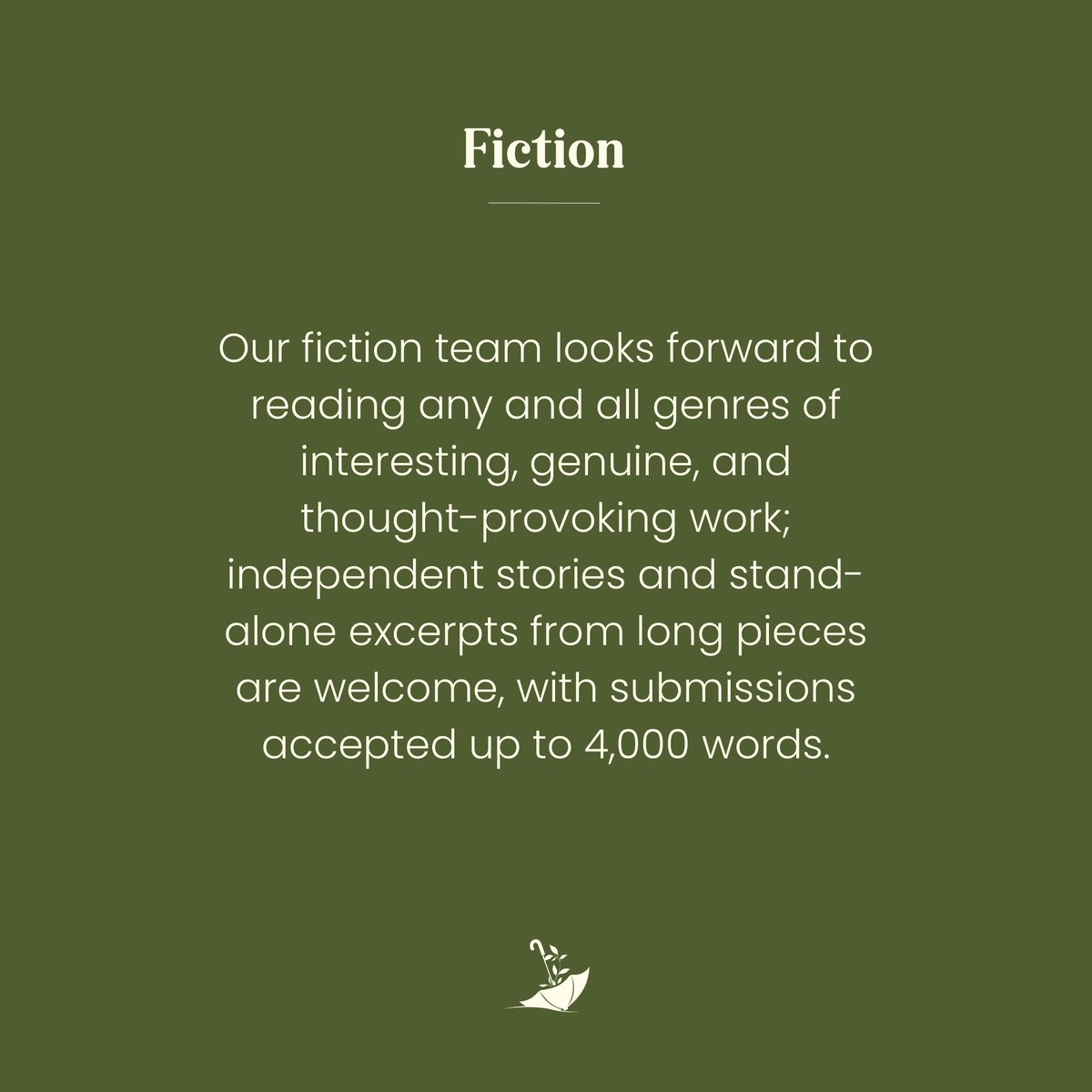 thewildumbrella's tweet image. Here's a bit more about what we're looking for in our current open call for submissions (open until 30 Sept.)

We take submissions of cover art, poetry, fiction, and non-fiction through Duosuma: duotrope.com/duosuma/submit…

#callforsubmissions #litmag #writincommunity