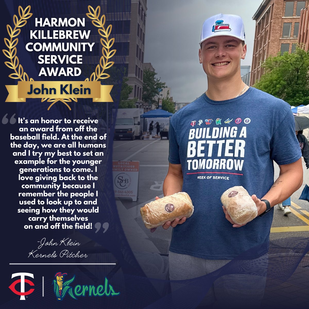 CRKernels's tweet image. John Klein has been selected as the Kernels recipient of the Harmon Killebrew Community Service Award. Klein volunteered at HRFH. He also participated in social media outreach, kids programs at games, &amp;amp; a skills clinic. Thank you for everything you do on and off the field, John!
