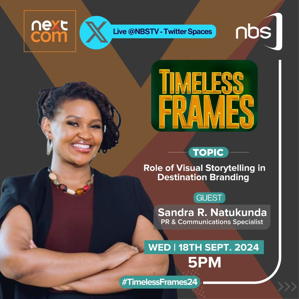 nextradio_ug's tweet image. Don’t miss tomorrow’s Twitter Space Live on @nbstv at 5 PM, on the Role of Visual Storytelling in Destination Branding with our special guests, @Ssenyonyiderick, @TimeslesFrames24, @natkundasandra, @Charliebeau

Date: Wednesday, 18th September 2024

#TimelessFrames #NextRadioUG