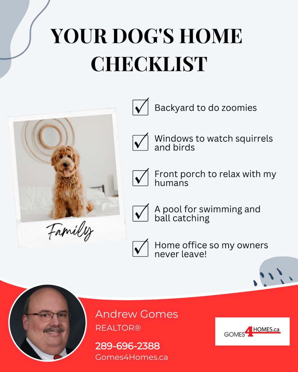 gomes4homes's tweet image. If your dog could talk, what would be their top requests for your next home?

#gomes4homes #royallepagenrc #niagarahomes #renttoown #SRES #seniorsrealestate #heretohelp #firsthome #downsizing #pets #dogparents #petschecklist #homerequirements #petsarefamilytoo #homebuyers