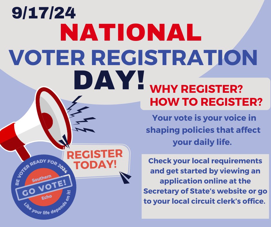 Happy National Voter Registration Day! 
Every eligible citizen has the right to shape our community and country through voting. If you’re not yet registered, now’s the perfect time to get involved and make sure your voice is heard.
#NationalVoterRegistrationDay #YourVoteMatters