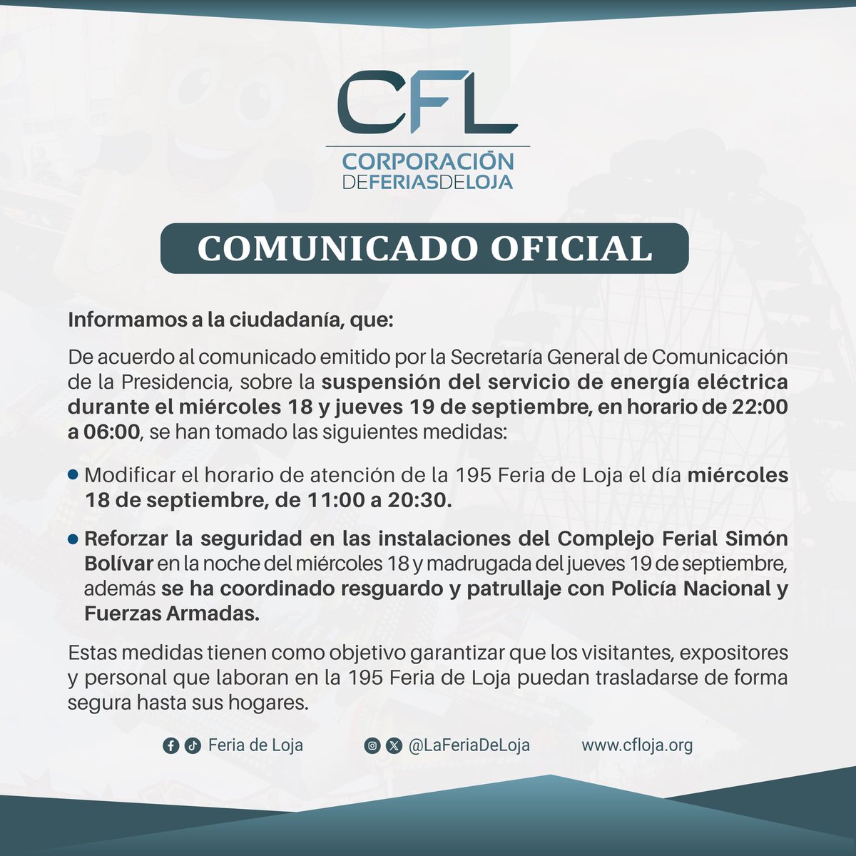 🚨#ATENCIÓN |Se modifica el horario de atención del miércoles 18 de septiembre de 11:00 a 20:30 debido a la del servicio de energía eléctrica en todo el territorio ecuatoriano. ¡Te esperamos!