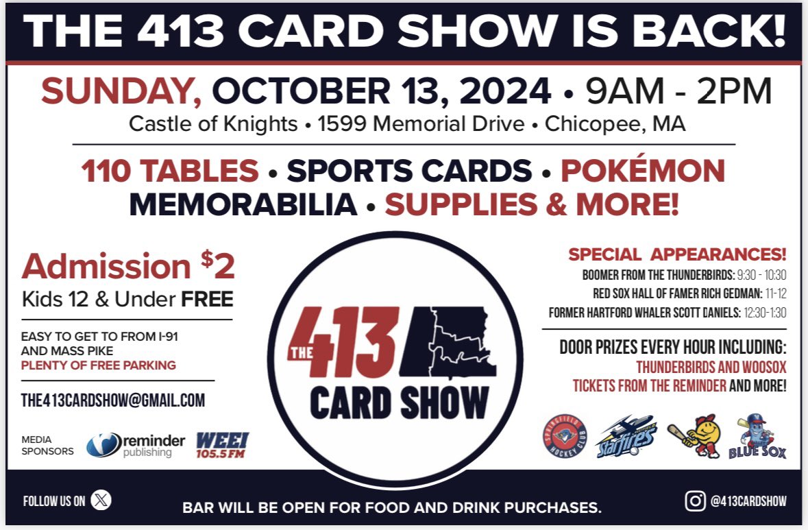 Exciting news!!

Boomer from the <a href="/ThunderbirdsAHL/">Springfield Thunderbirds</a> will be at THE 413 CARD SHOW on 10/13. The T-birds mascot is joining us from 9:30-10:30 for photos and good times.

#collect #thehobby #cardshows #WesternMA #chicopee