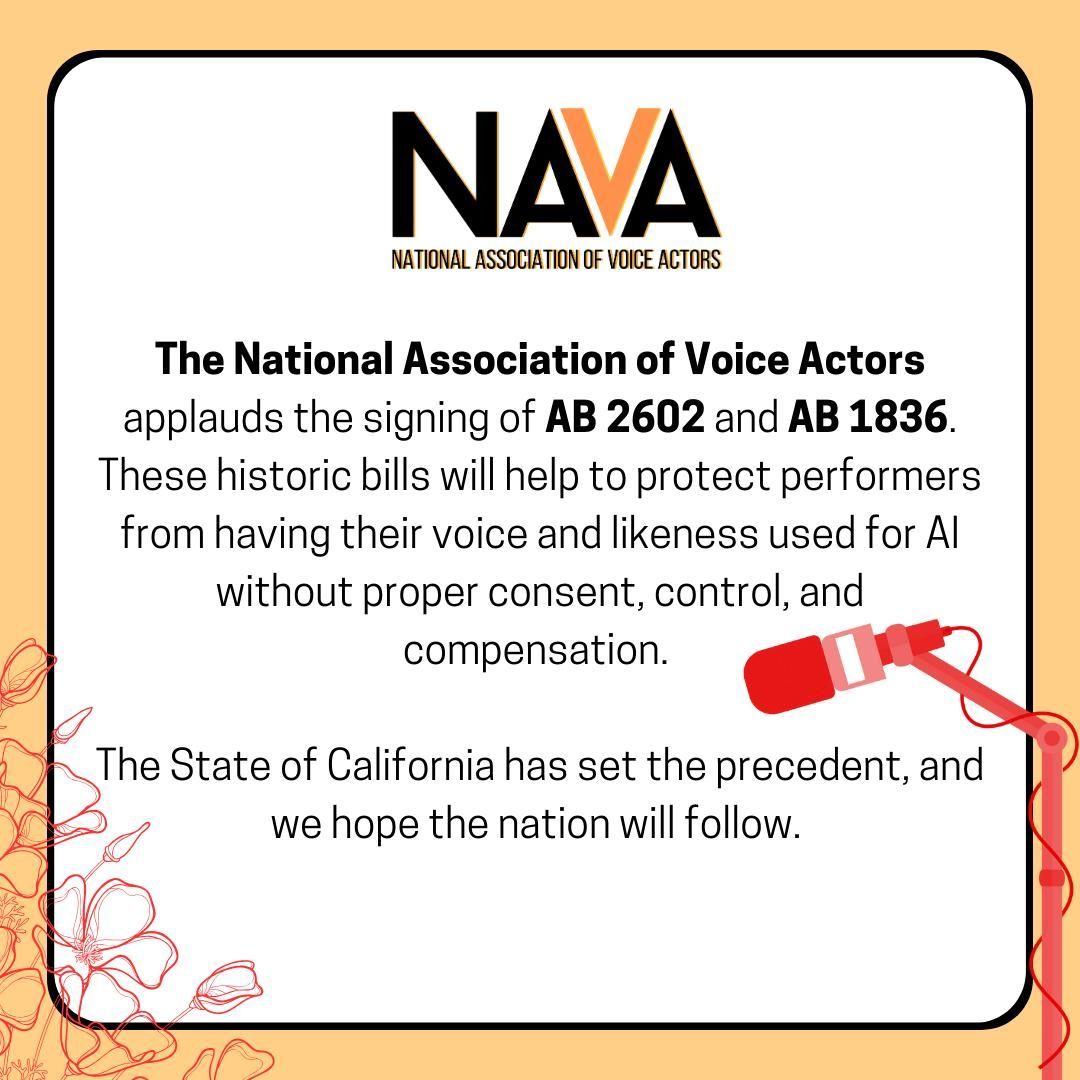 Today is a historic day in the State of California as Governor Newsom signed two bills which help performers protect the use of their voice and likeness for AI generated digital replicas. AB 2602 and AB 1836 will help ensure the responsible and ethical use of AI and will