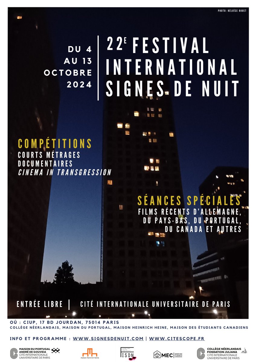 Last days Submission
22e Festival international Signes de Nuit - Paris / 4-13 Octobre 2024

Documentaries (all lengths)
Short Films (up to 30 min)
Cinema in Transgression ("experimental"9 (all lengths)

signesdenuit.com

You can submit here:
filmfreeway.com/22eFestivalint…