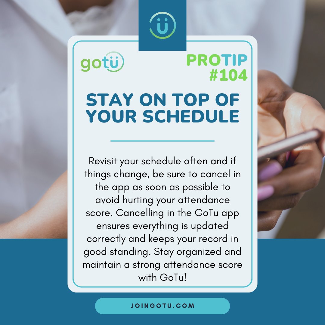 joingotu's tweet image. Stay on top of your game and keep your attendance score shining with GoTu! Keep your schedule updated and cancel in the app if plans change. 💯 
#GoTuProTip #DentalProfessionals #StayOrganized #GoTuWork #GoTuCrew