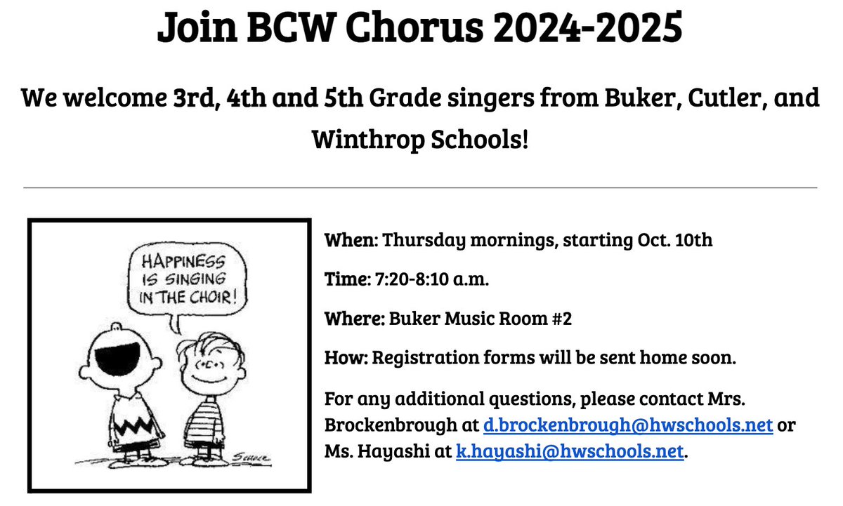 Calling all elementary school singers!   Join the BCW chorus.   Thursday mornings at Buker!   Be on the look out for registration forms coming soon.   🎶