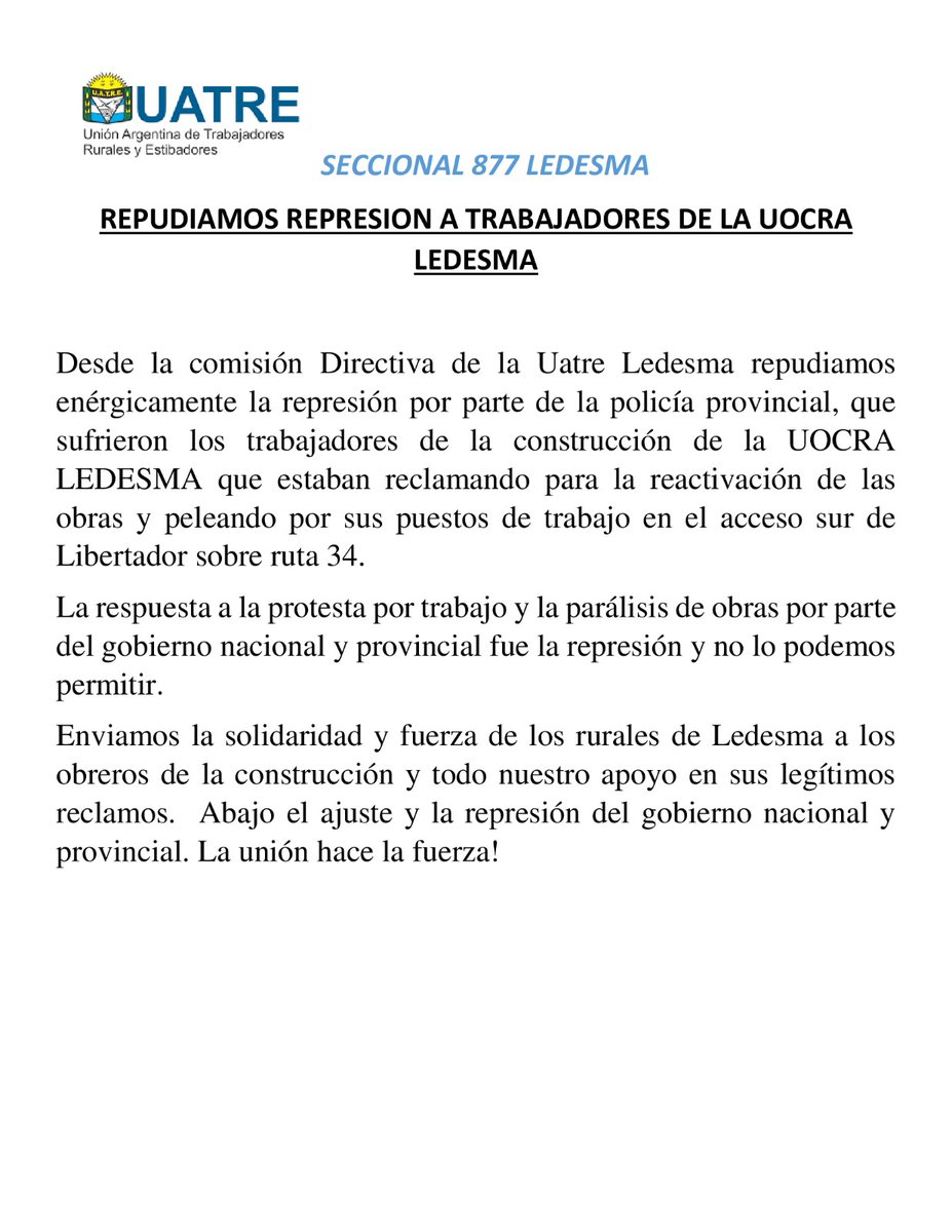 uatre877's tweet photo. Repudio total a la represión que sufrieron hoy los obreros de la Uocra que piden por trabajo y reactivación de obras al gobierno nacional y provincial. Todo nuestro apoyo https://t.co/hUV19GIZwr