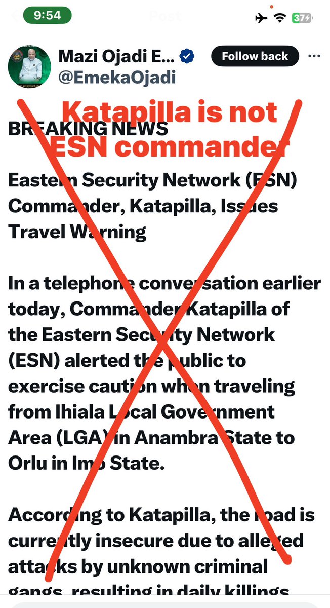 ChinasaNworu's tweet photo. #Biafrans and lovers of freedom  there is no #ESN commander called “Katapilla “ 
kindly disregard this order because it’s not coming from #ESN command under this Twitter handle  . 
Biafrans should be careful of those using the name of ESN to defraud our people and carrying out criminal activities. 

KATAPILLA is not  recognized by #ESN command and #ESN has no dealings with him and is not an #ESN operative. 

Share widely.
@real_IpobDOS 
@radiobiafralive