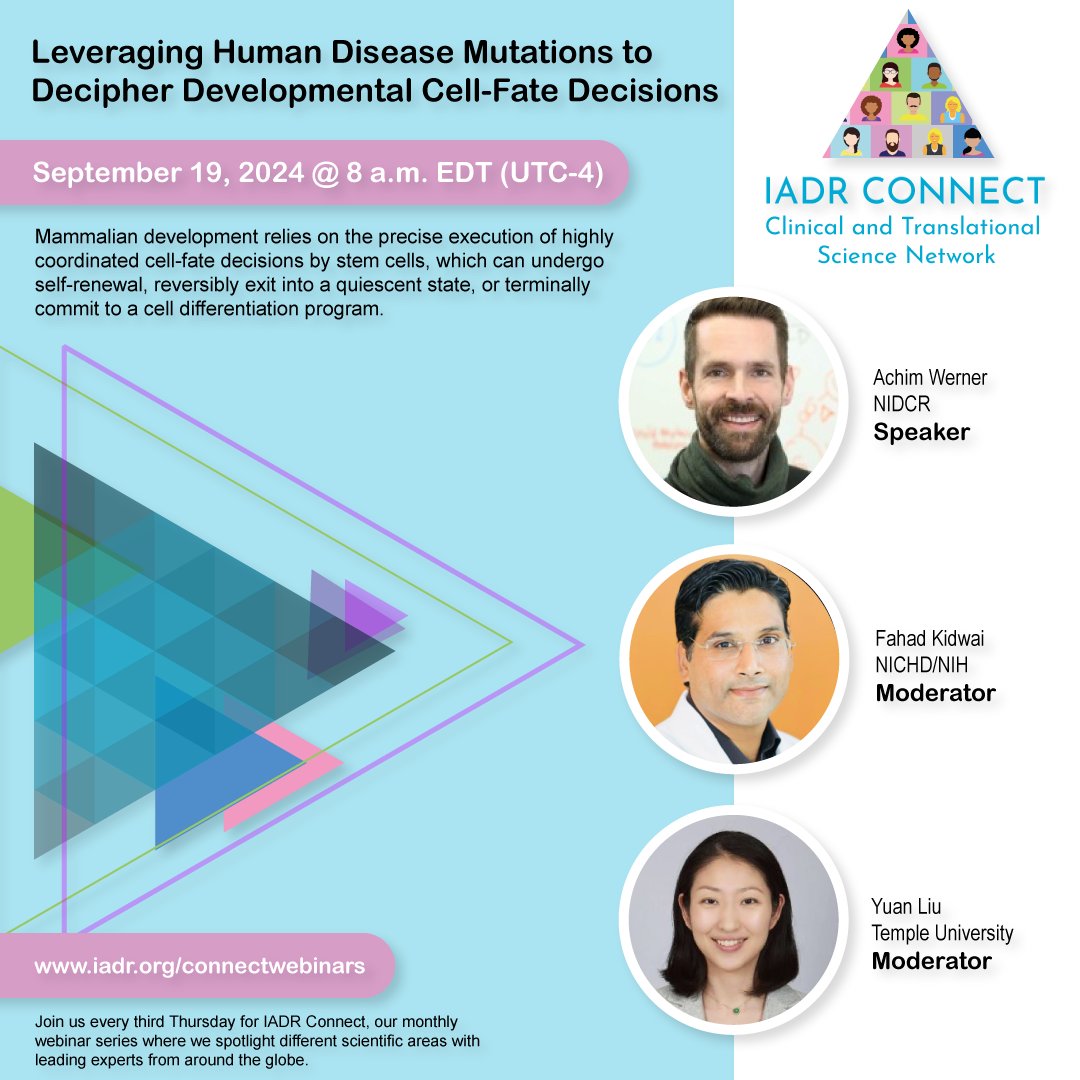 IADR's tweet photo. Join us on Thursday for the first IADR Connect webinar!
"Leveraging Human Disease Mutations to Decipher Developmental Cell-Fate Decisions"
#dentalresearch #mutations #stemcells @werner_achim

https://t.co/1y6BHE0yz8 https://t.co/w1sdDDHYLI