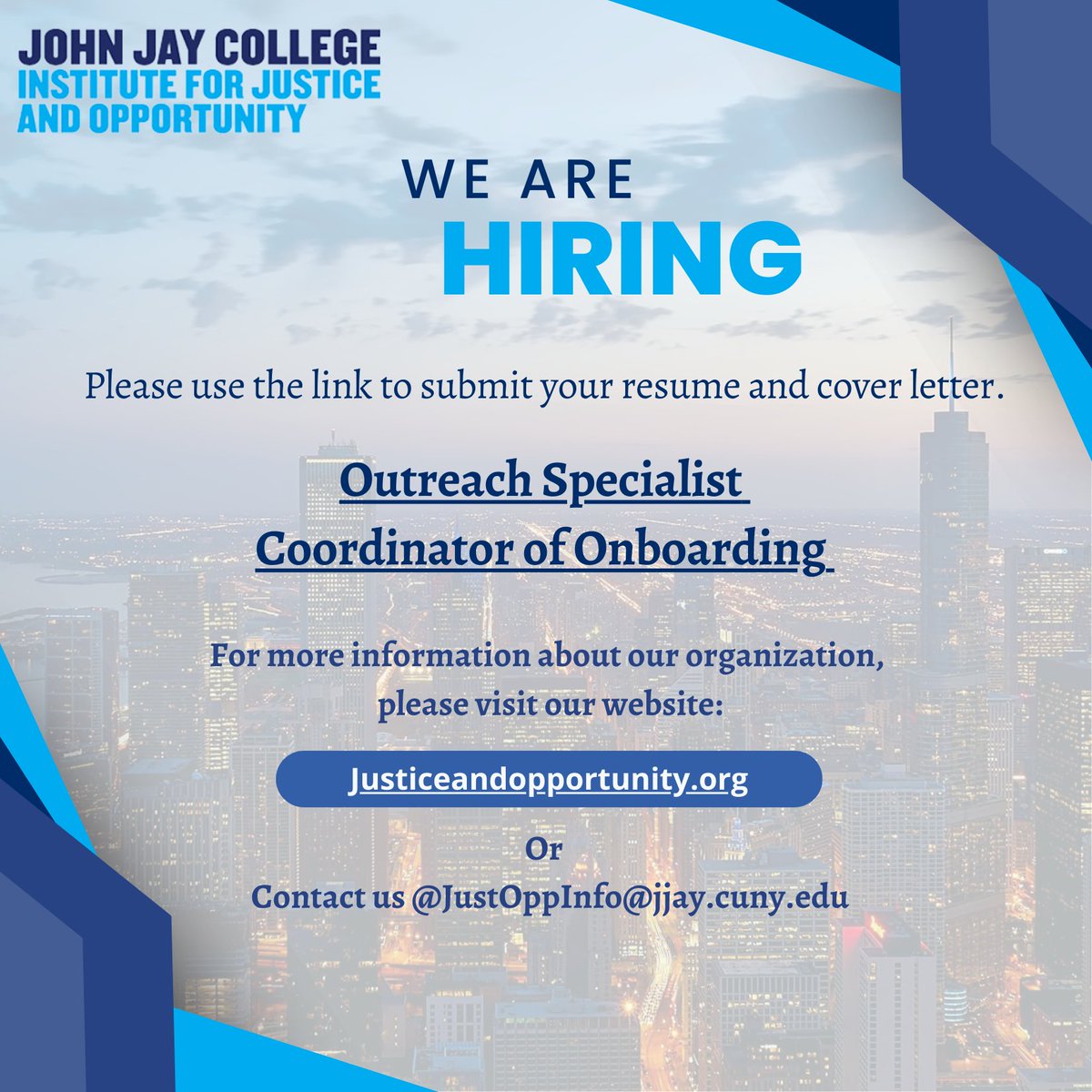 Exciting Opportunity Alert!

The Institute for Justice and Opportunity is now hiring!

🔹 Outreach Specialist - rfcuny.org/careers/postin…
🔹 Coordinator of Onboarding - rfcuny.org/careers/postin…