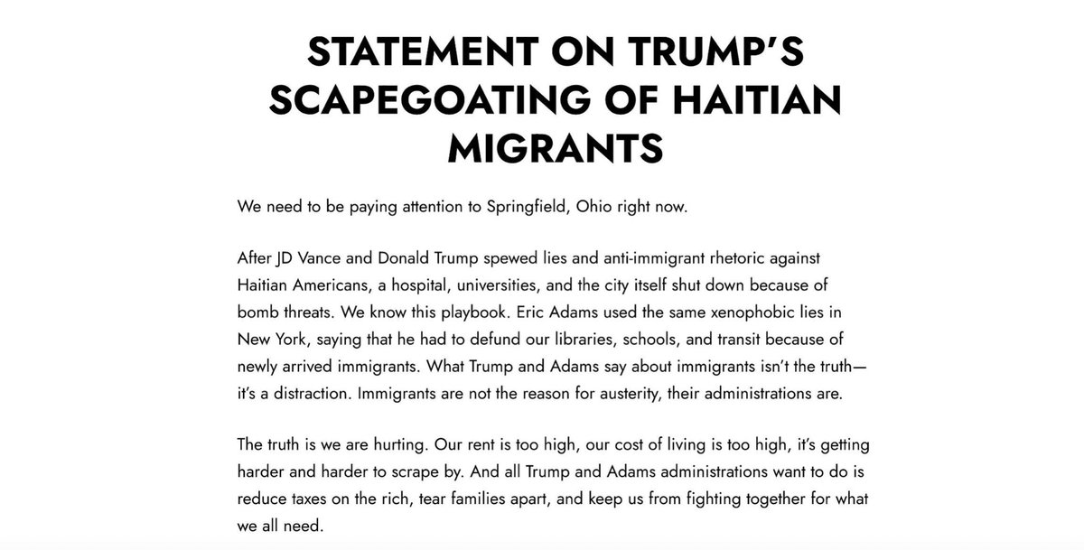 nycDSA's tweet photo. We need to be paying attention to Springfield, Ohio right now. 

Read NYC-DSA’s full statement on Trump’s scapegoating of Haitian Migrants ➡️ https://t.co/nozTKoru0a https://t.co/grSZ7zA0p2