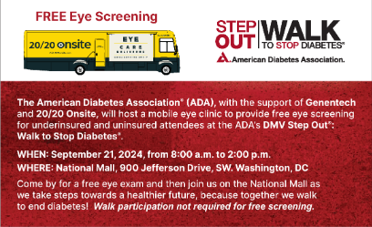 DCPCA's tweet image. This Saturday, the American Diabetes Association will be hosting a free eye screening at the National Mall from 8 AM-2 PM. #DYK 95% of diabetes eye-related diseases are preventable? Come out this Saturday to get your free screening. #DCPCA #HealthEquity #WashingtonDC