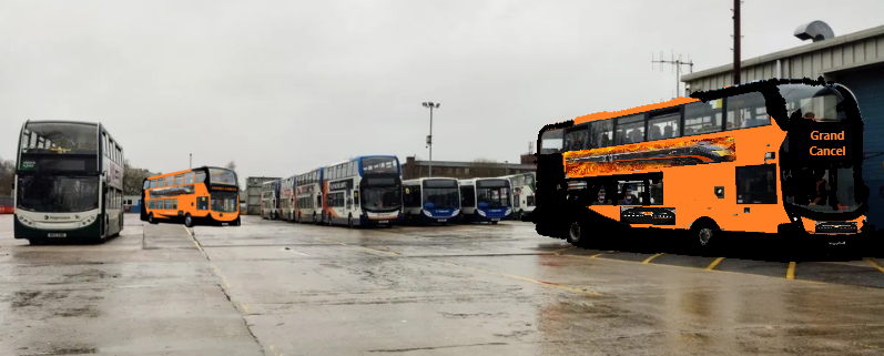 Two <a href="/GrandCancel/">Grand Cancel</a> livery buses parked in Ashton depot soon going to be burned ^GW