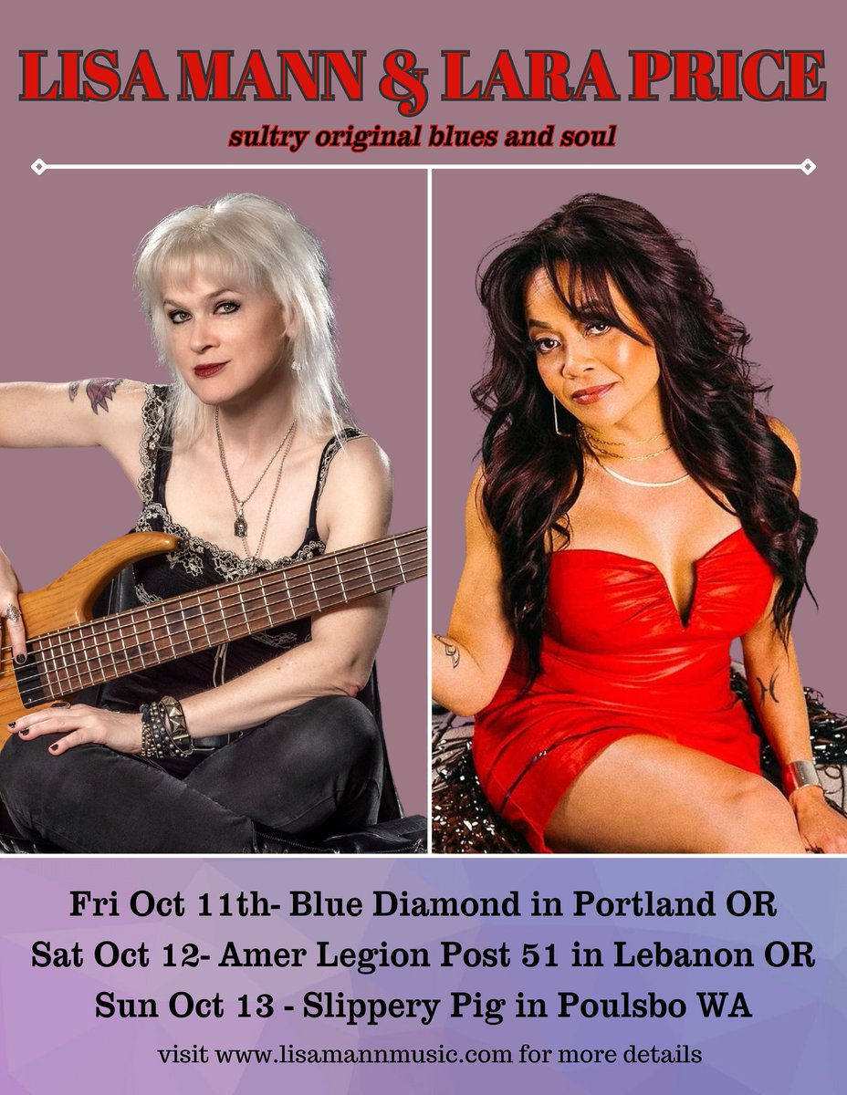 Austin's own Blues chanteuse Lara Price is coming out to the Pacific NW for three double bill shows with my band!

Fri Oct 11- Blue Diamond in #PDX
Sat Oct 12- Post 51 in Lebanon OR
Sun Oct 13- Slippery Pig in Poulsbo WA 

Visit lisamannmusic.com for details

#bluesmusic