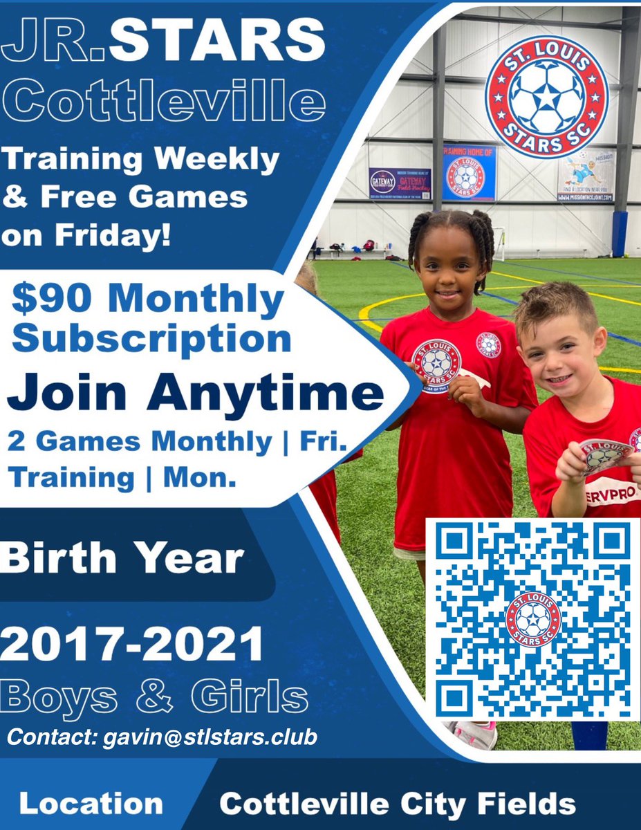Gfkalish's tweet photo. We are thrilled to announce the launch of our Jr. Stars Cottleville program with St. Louis Stars Soccer Club. 
￼
￼Link for details: 
https://t.co/HUxE503gWu

Join our program which is designed for boys and girls between 2017-2021, offering a fantastic blend of learning and fun. https://t.co/zAA1oCVEE7