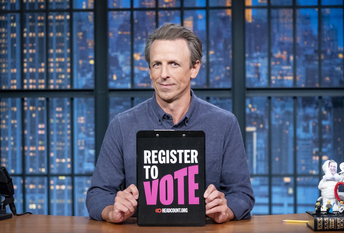 LateNightSeth's tweet photo. It’s #NationalVoterRegistrationDay! Find out details about your registration status over at @headcountorg ➡️ https://t.co/Xmce8A6DLh 📸 Lloyd Bishop/©NBC https://t.co/p7Dn3ebtk6