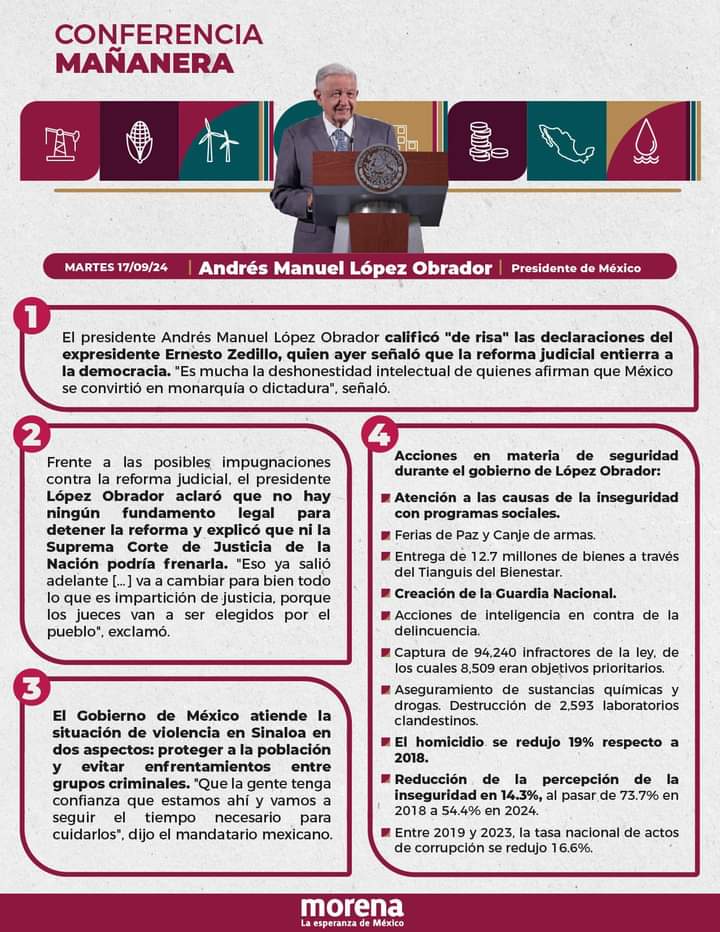 Frente a las posibles impugnaciones contra la reforma judicial, el presidente López Obrador aclaró que no hay ningún fundamento legal para detener la reforma y explicó que ni la SCJN podría frenarla.

Ya es un hecho: el pueblo de
México elegirá a jueces, ministros y magistrados.